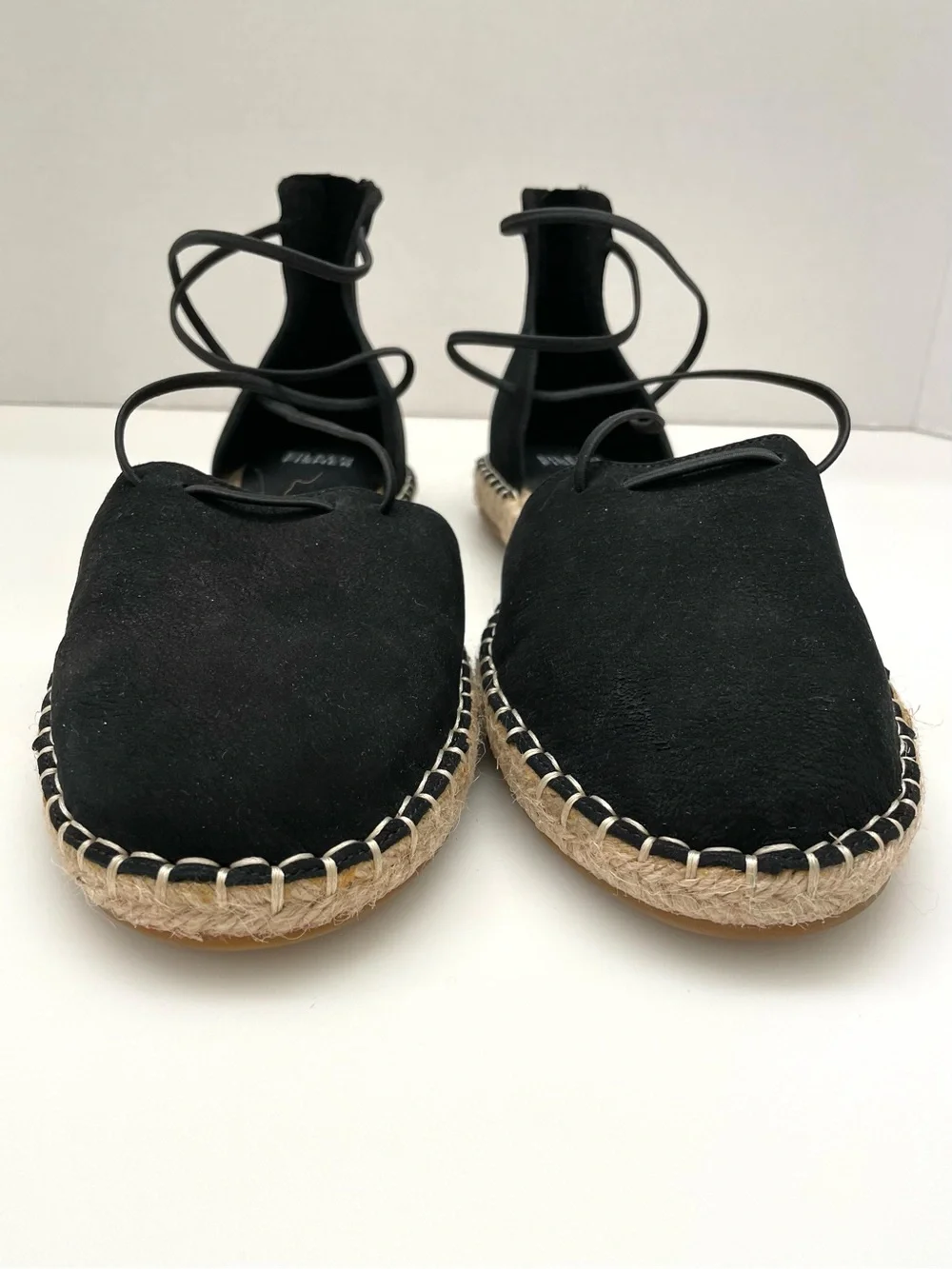 Eileen Fisher Black Nubuck Leather Espadrille Flats 9 Ankle-Wrap Lace Casual NEW